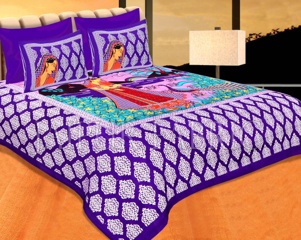 Purple Border Lady With Peacock Pigment Print Cotton Double Bedsheet