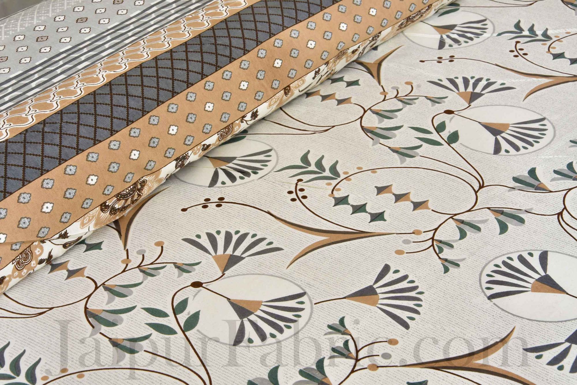 Grey Floral Ethnic Cotton Jaipur Double Bedsheet