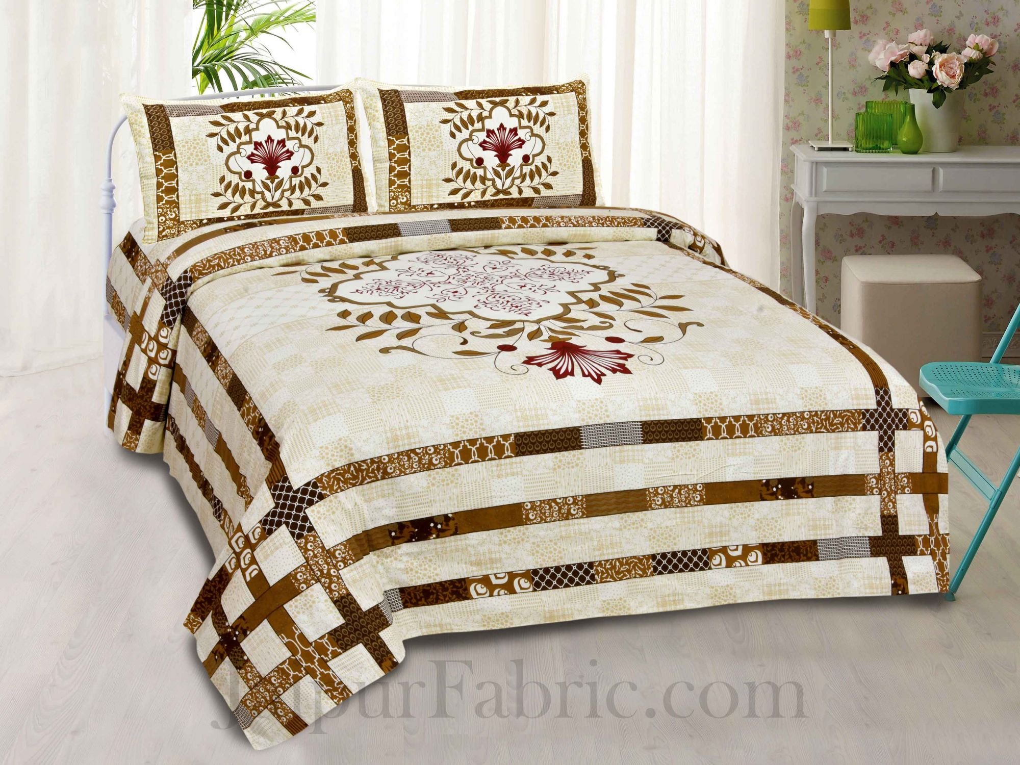 Brown Floral Print Cotton Jaipur Double Bed Sheet