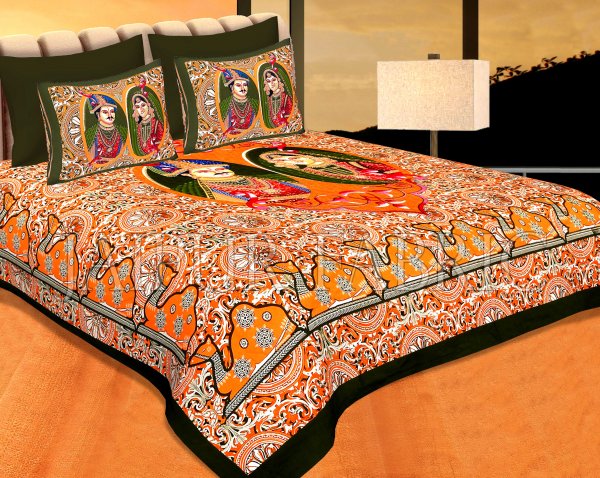 Green Border Orange Base With Raja-Rani Print Pigmet Print Cotton Double Bedhseet