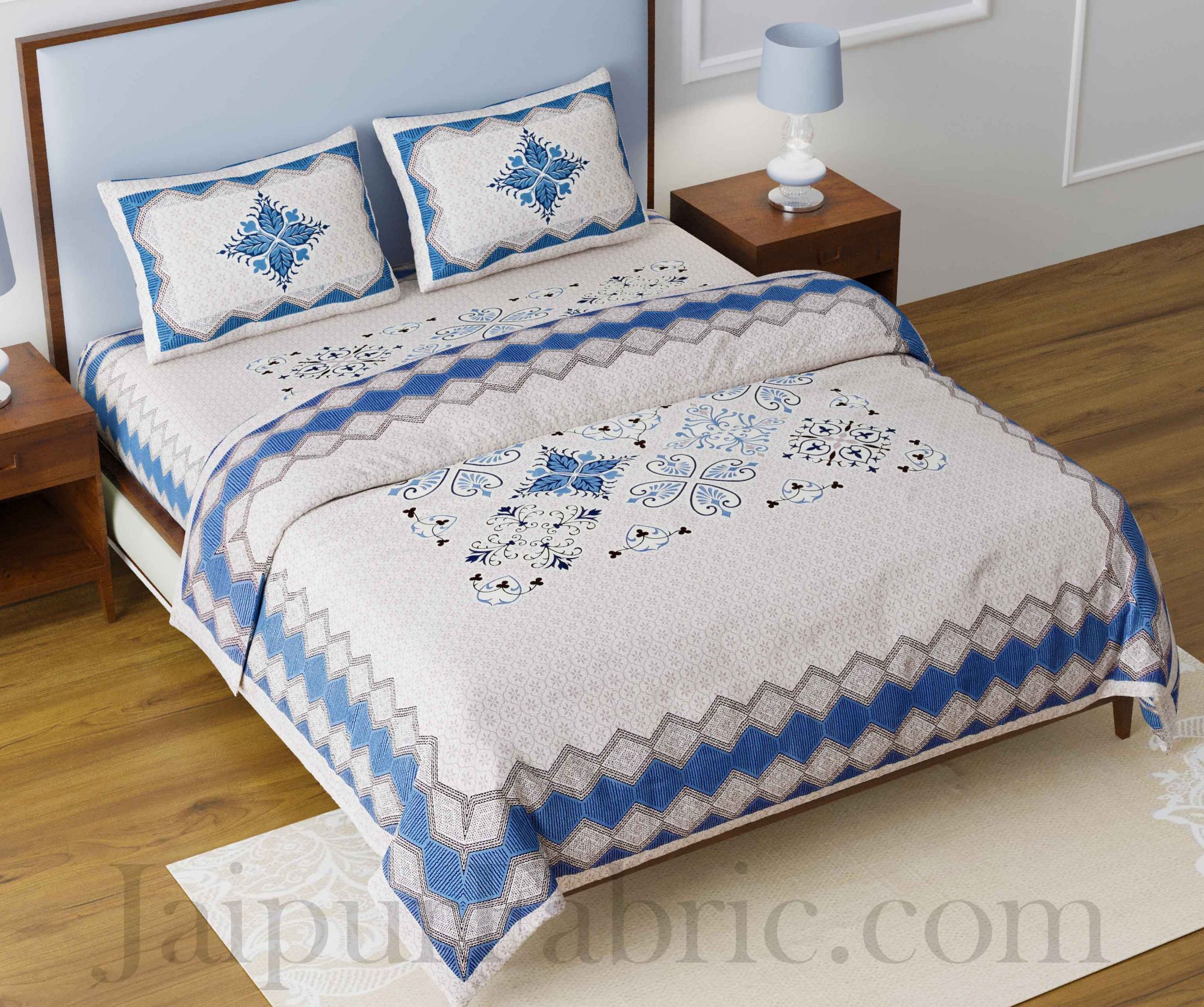 Blue & Grey Ornate Cotton Jaipur Double Bedsheet