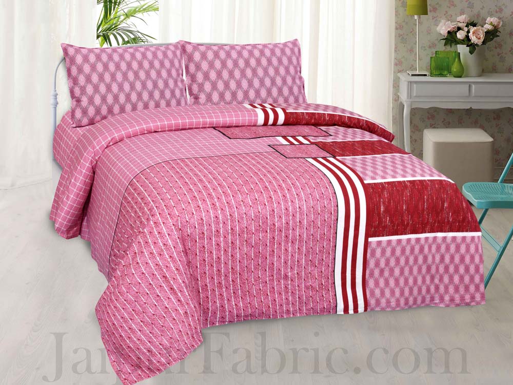Jaipur Fabric Multi Design Pink Small Checkered Border Cotton Double Bedsheet