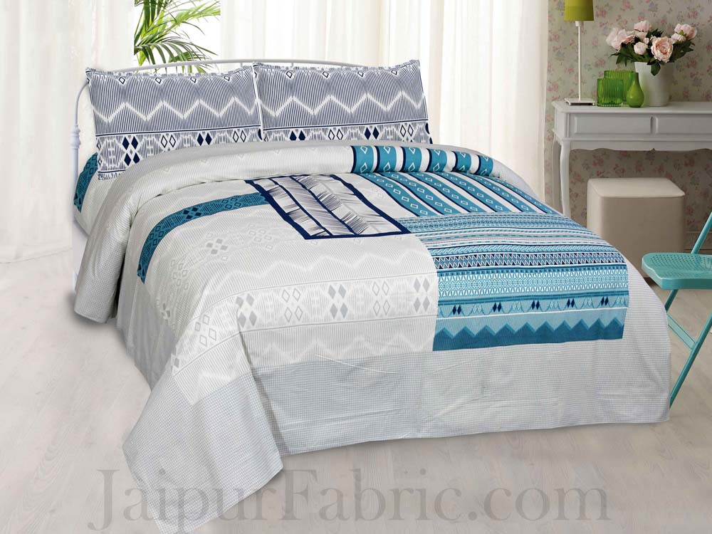 Jaipur Fabric Multi Design White & Blue Small Checkered Border Cotton Double Bedsheet