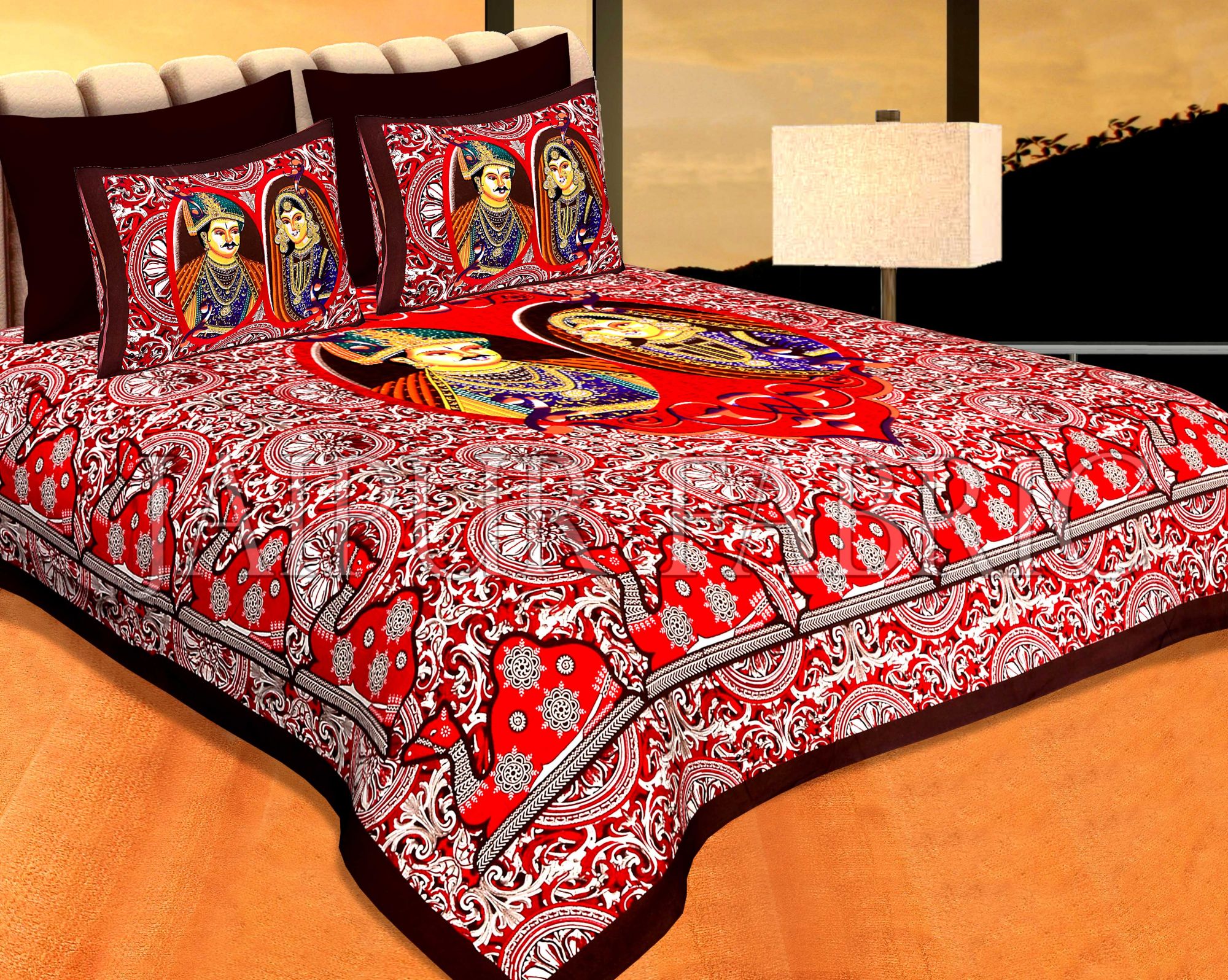 Coffe Color Border Red Base With Raja-Rani Print Pigment Cotton Double Bedsheet