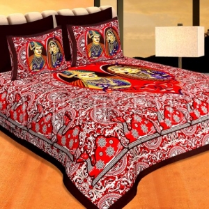 Coffe Color Border Red Base With Raja-Rani Print Pigment Cotton Double Bedsheet