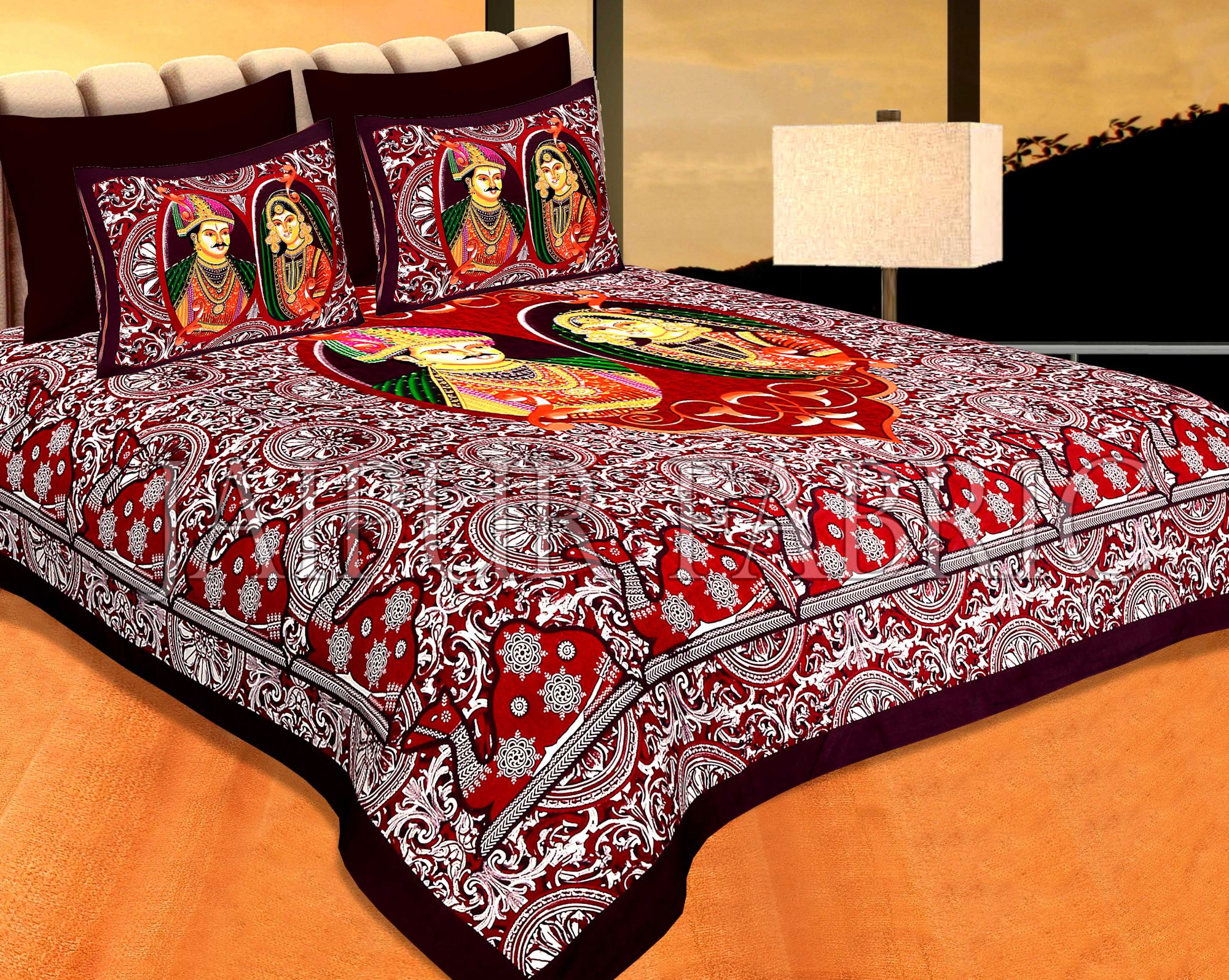 Brownish Maroon Border With Maroon Base Raja-Rani Print Pigment Cotton Double Bedsheet