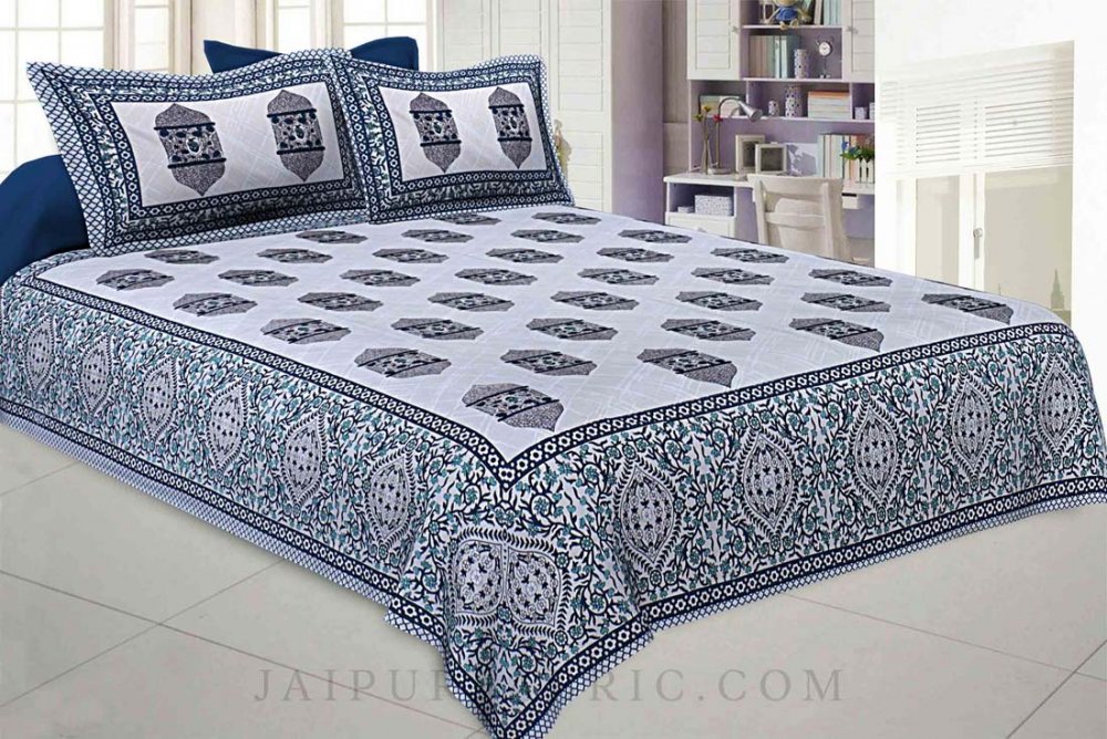 The Hawa Mahal Jharokha Blue Cotton Double Bedsheet