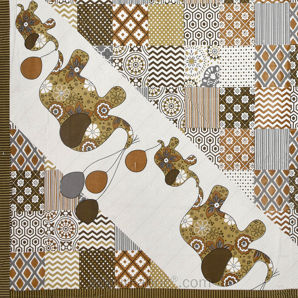 Modern Art Olive Brown Pure Cotton Patchwork Print King Size Bed Sheet