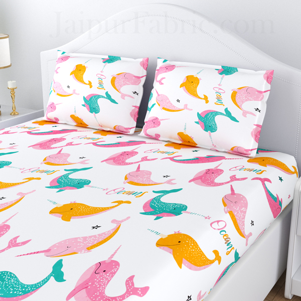 Colurful Dolphin White Poly Cotton Double Bedsheet