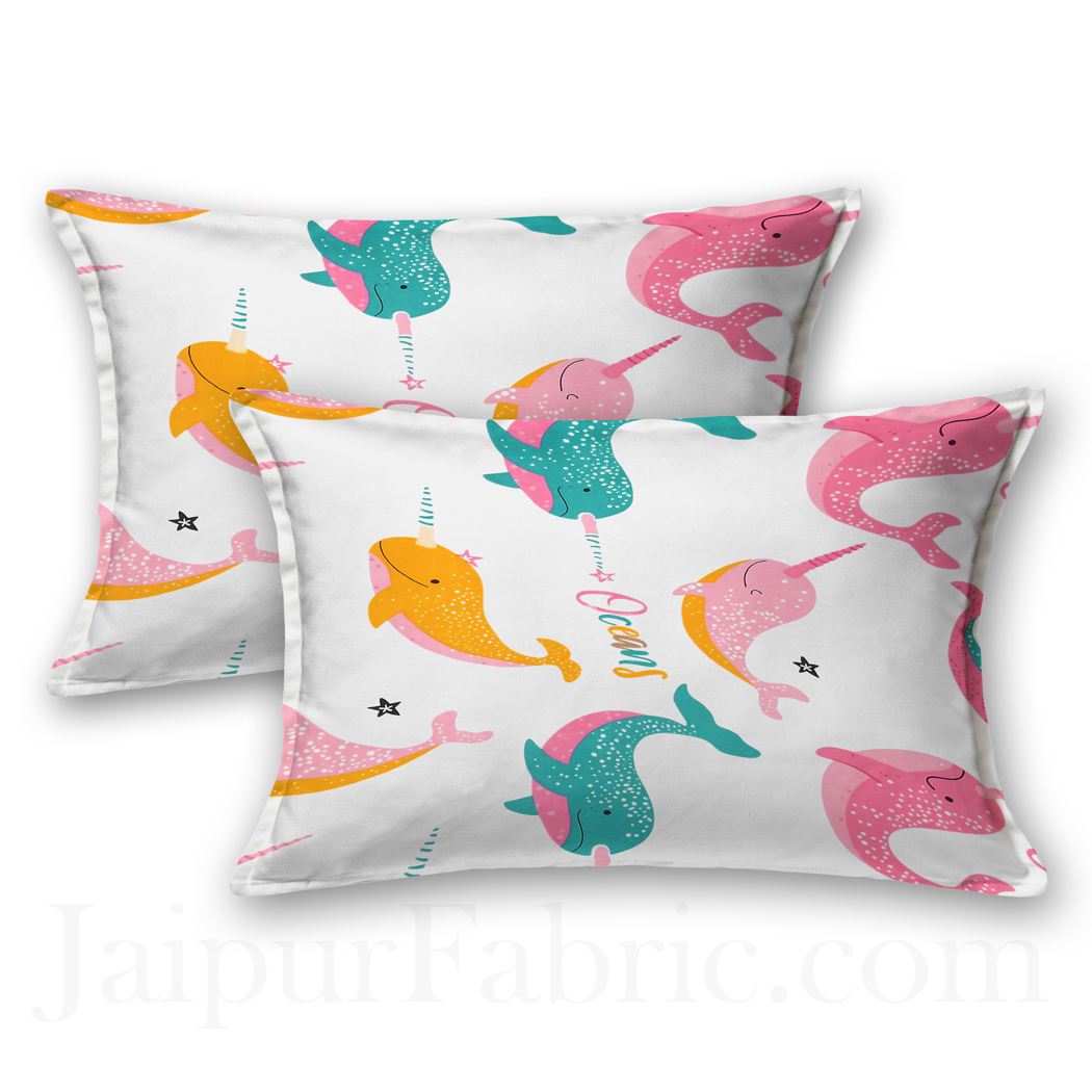 Colurful Dolphin White Poly Cotton Double Bedsheet