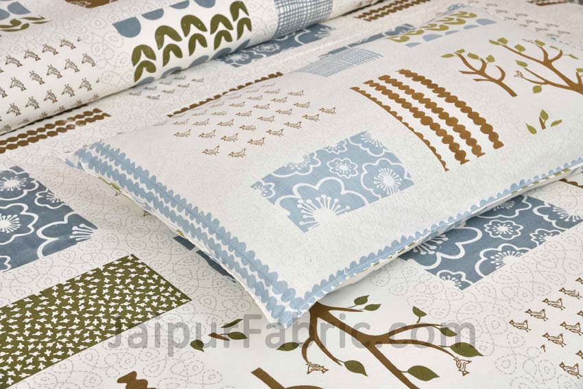 Designer Art Silver Multi Patch Print Premium Cotton King Size Bedsheet