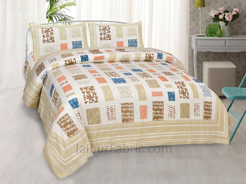 Abstract Art Brown Patchwork Print Luxury Cotton King Size Bedsheet