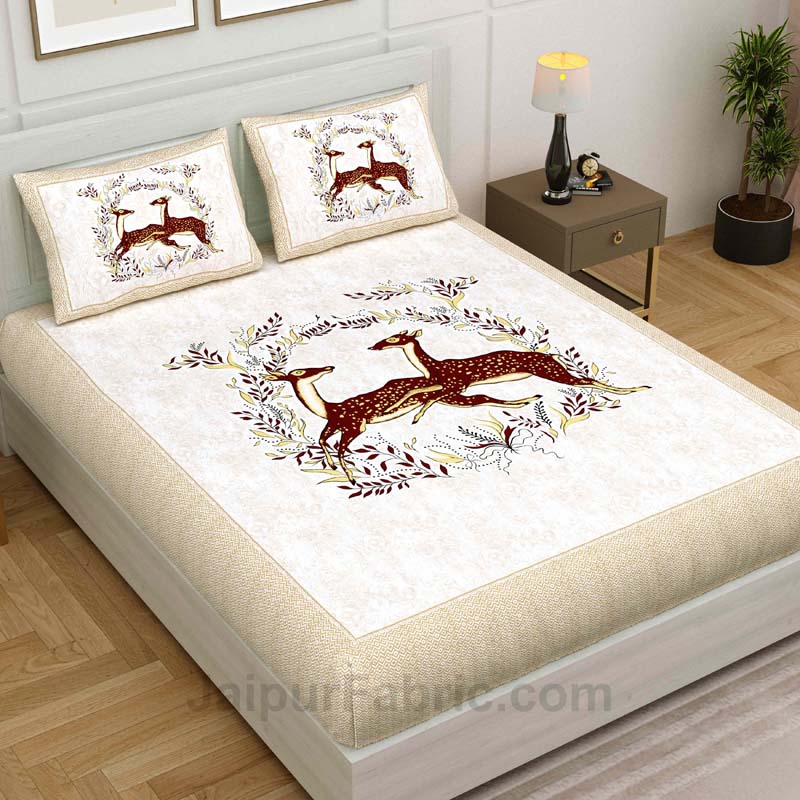 Cream Jungle Deer Pair Cotton King Size Bedsheet