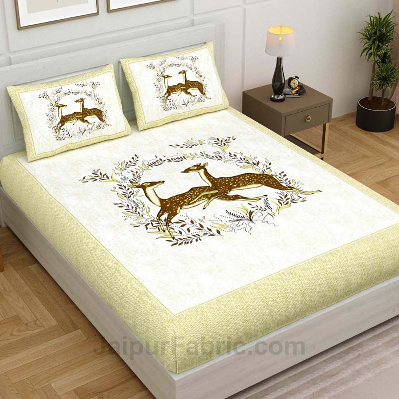 Lime Jungle Deer Pair Cotton King Size Bedsheet