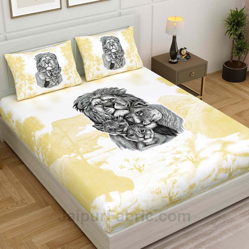 Pastel Yellow Lion Family King Size Bedsheet