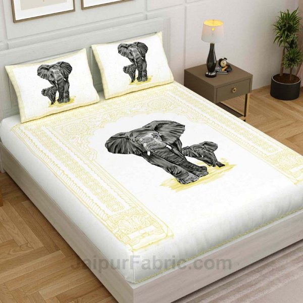 Yellow Elephant Print King Size Bedsheet