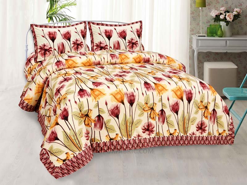 Yellow Brown RoseBud Canvas Painting Prints Double BedSheet