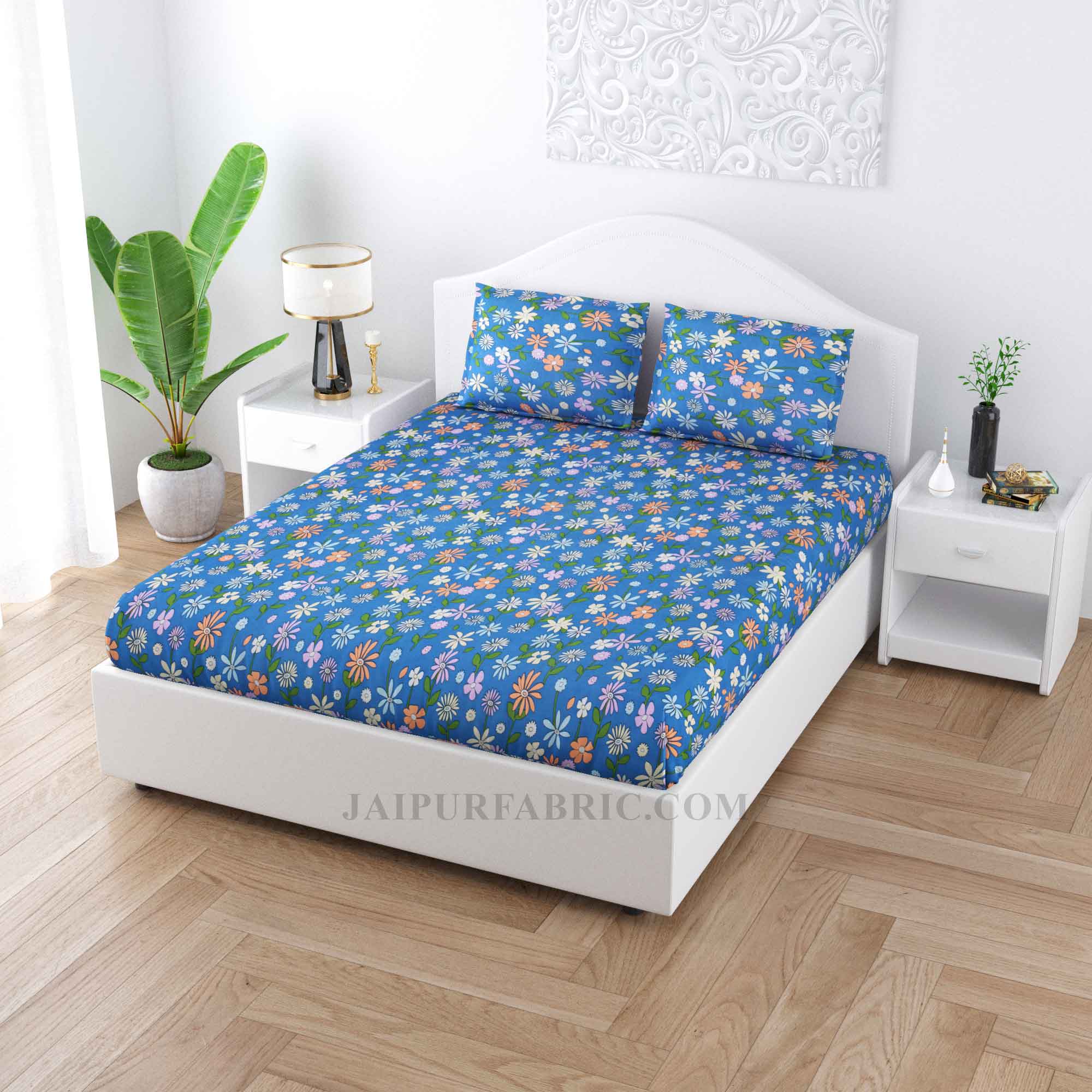 Gathered Flowers Blue Cotton Double Bedsheet