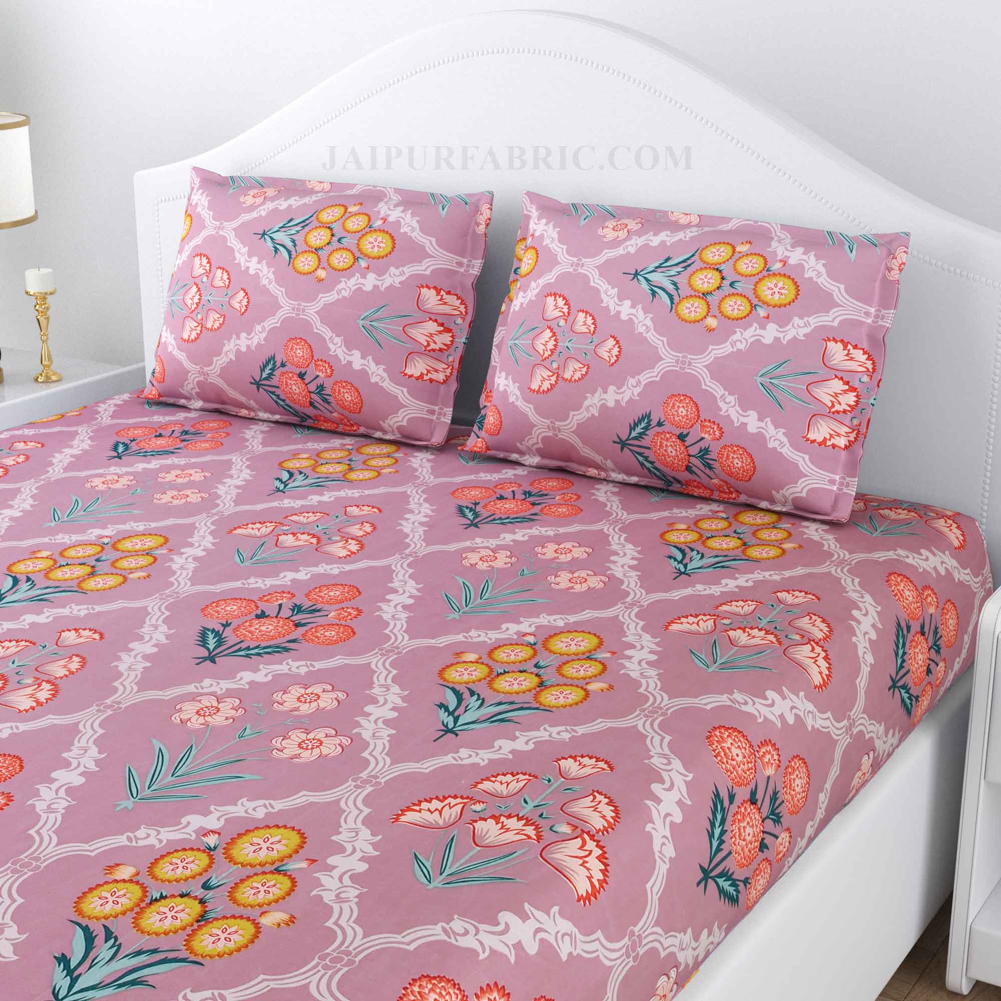 Decorated Diamonds Pink Cotton Double Bedsheet