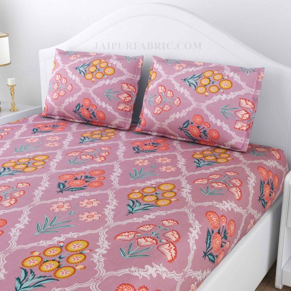 Decorated Diamonds Pink Cotton Double Bedsheet