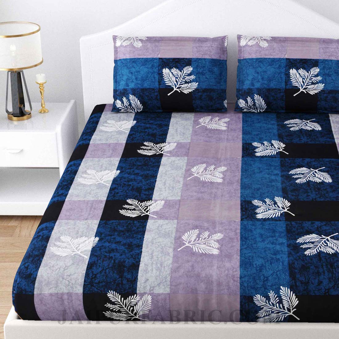 Leafy Decor Blue Poly Cotton Double Bedsheet
