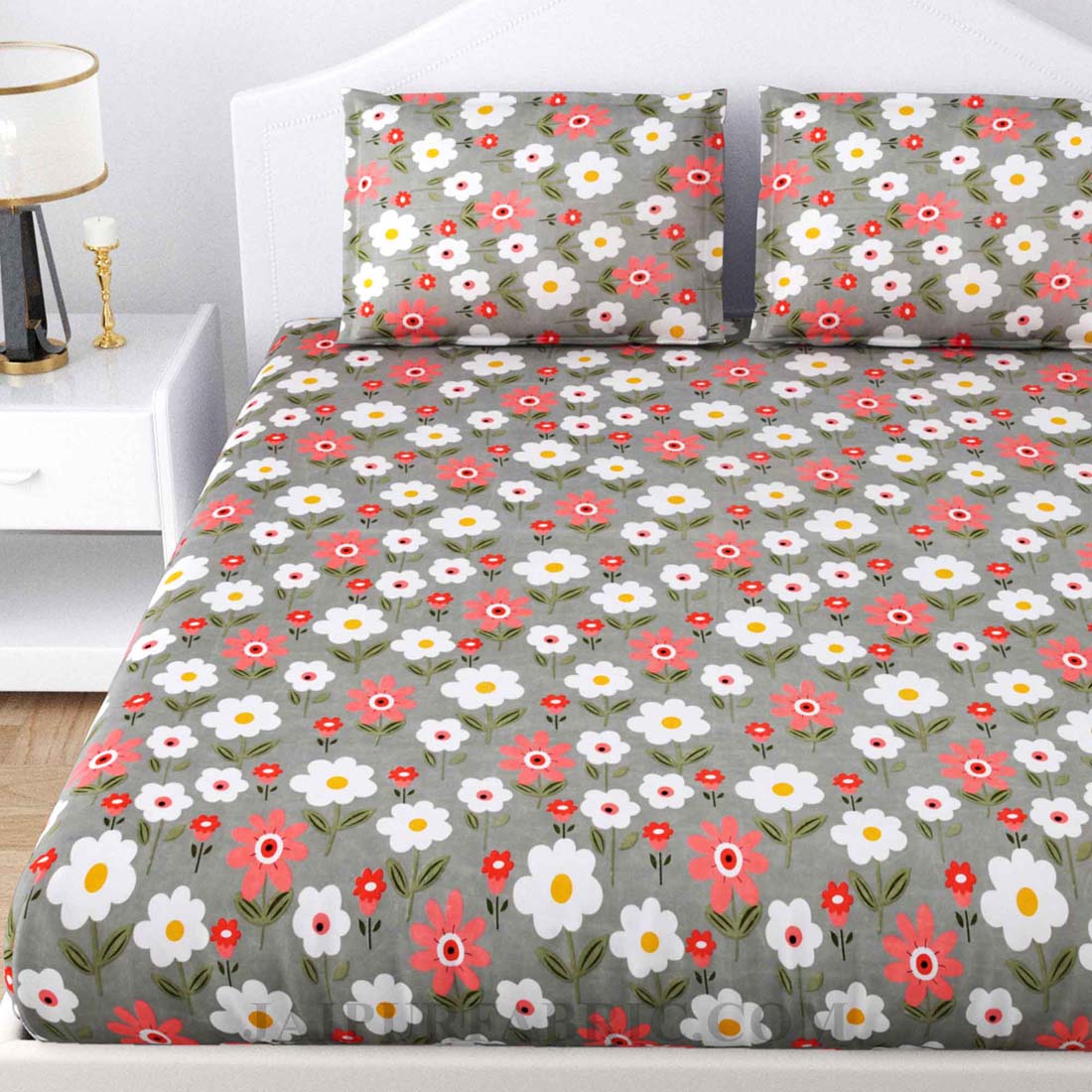 White N Peach Flowers  Poly Cotton Double Bedsheet