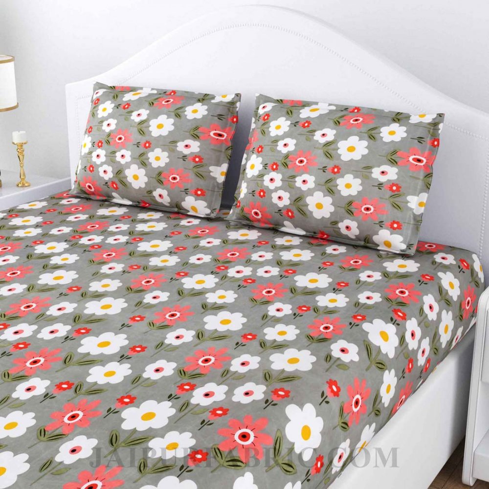 White N Peach Flowers  Poly Cotton Double Bedsheet