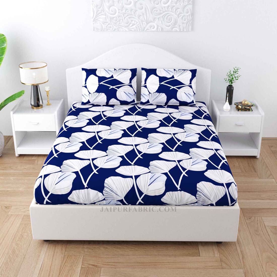 Lotus Leaves Blue Poly Cotton Double Bedsheet