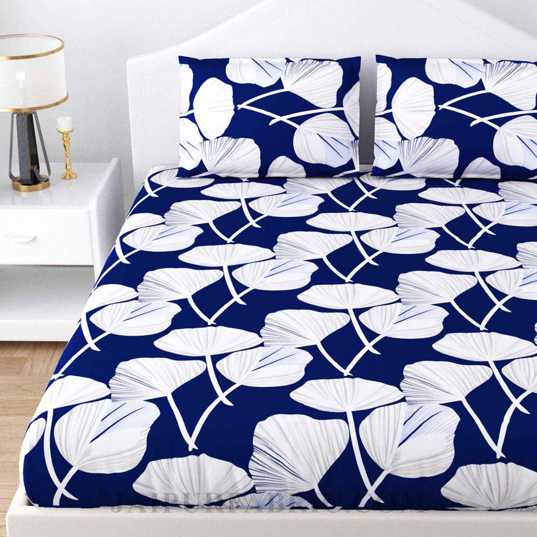 Lotus Leaves Blue Poly Cotton Double Bedsheet