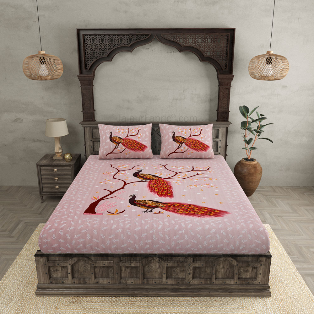 Jungle Peacock Pink Pure Cotton Double BedSheet