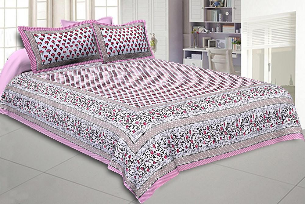 Multi Pink Floral Double Bedsheet with Two Pillow Cover