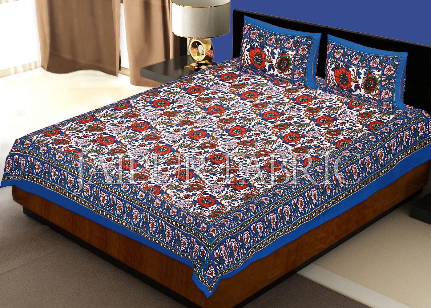 Blue Border Flower Pattern Screen Print Double Bed Sheet