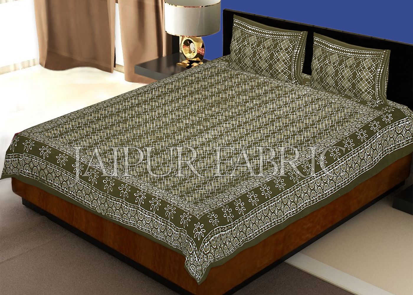 Green Border Zig Zag Pattern Dhabu Print Cotton Double Bed Sheet