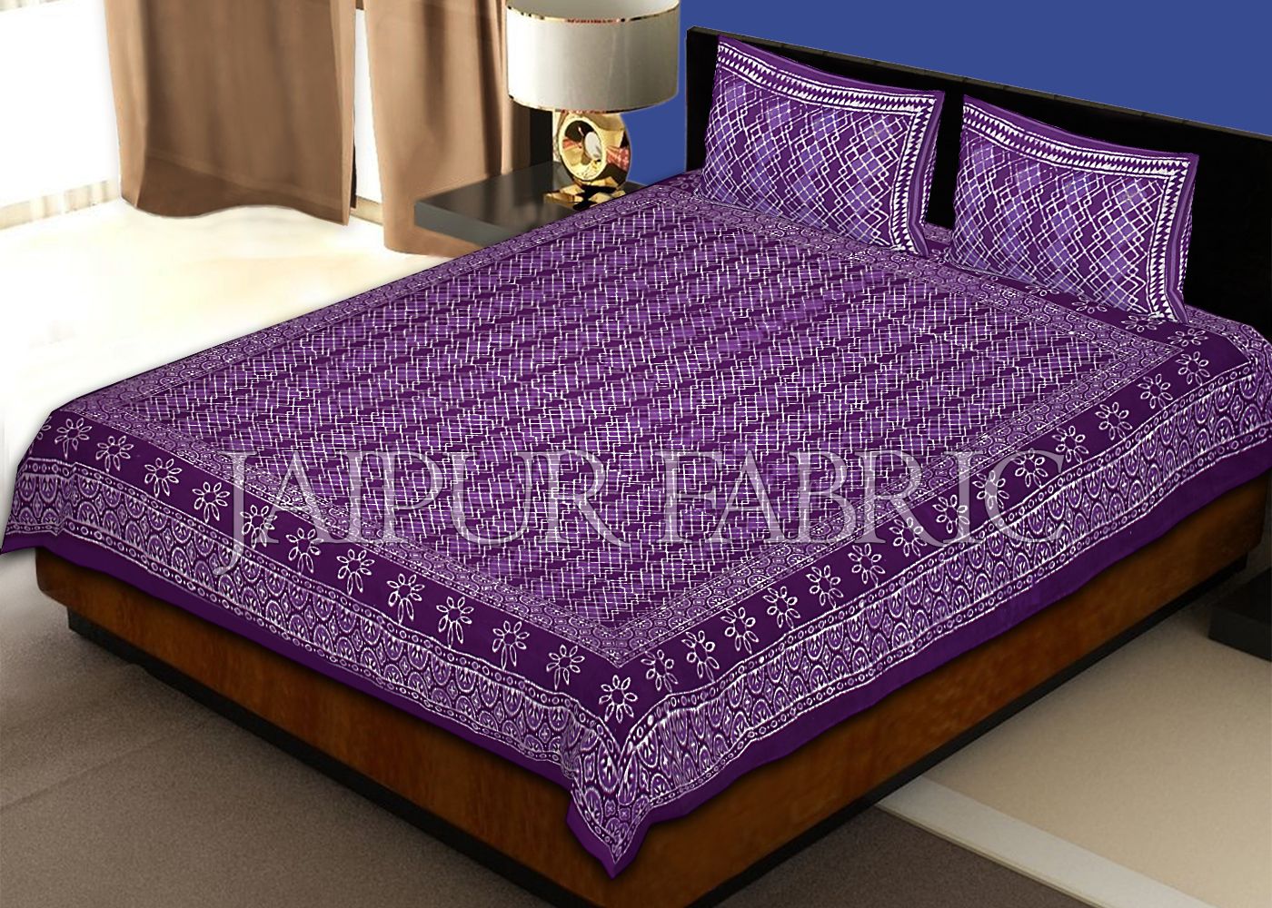 Purple Border Zig Zag Pattern Dhabu Print Cotton Double Bed Sheet