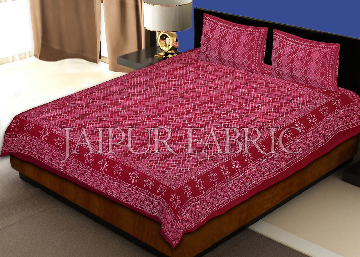 Maroon Border Zig Zag Pattern Dhabu Print Cotton Double Bed Sheet