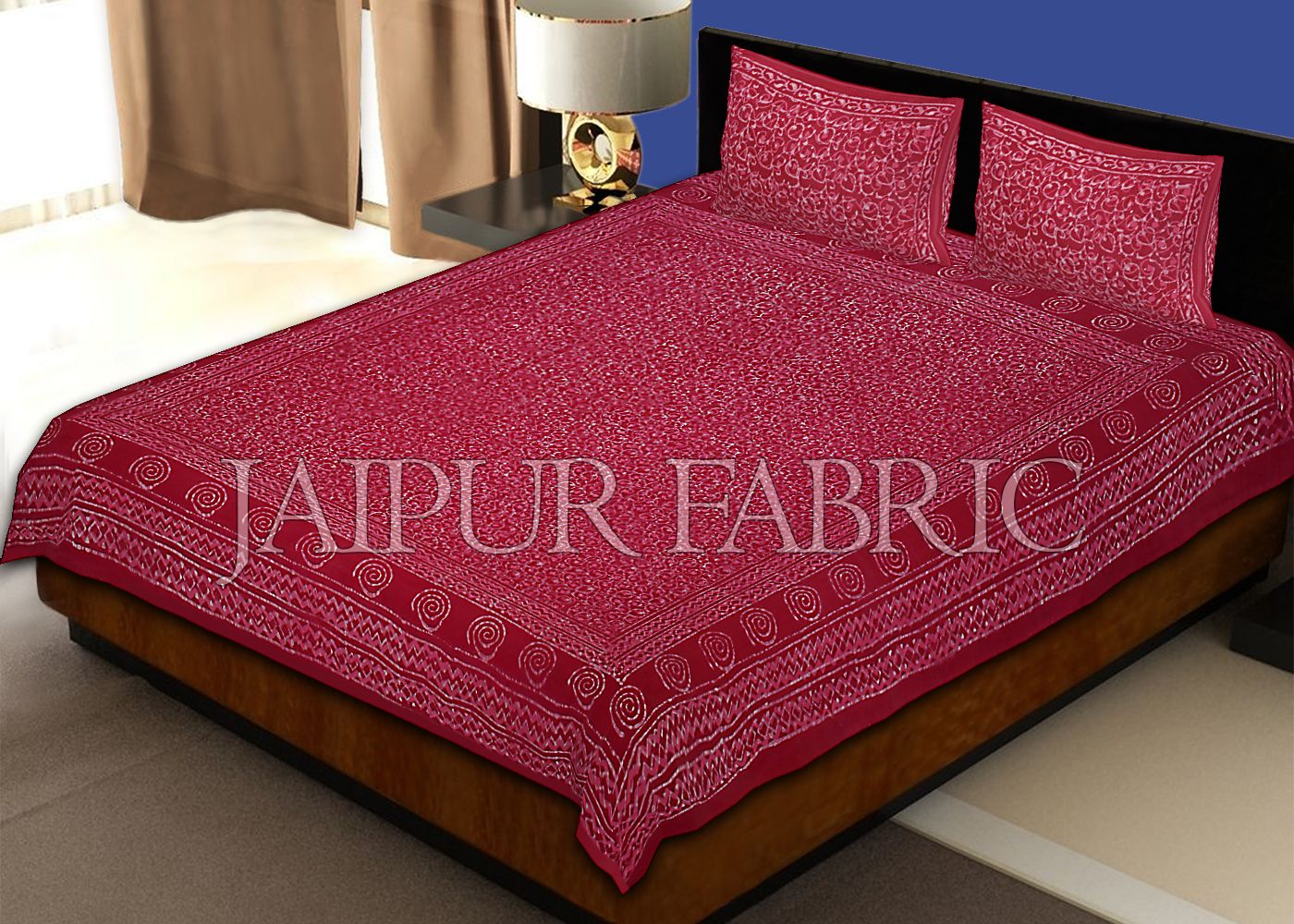 Maroon Border Leaf Pattern Dhabu Print Cotton Double Bed Sheet