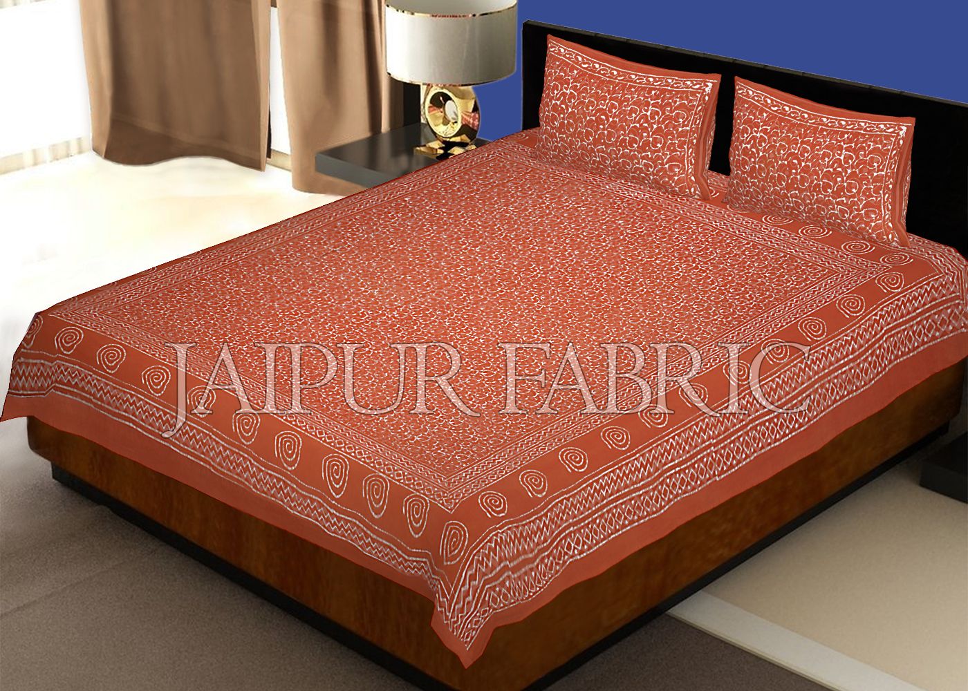 Orange Base Leaf Pattern Dhabu Print Cotton Double Bed Sheet