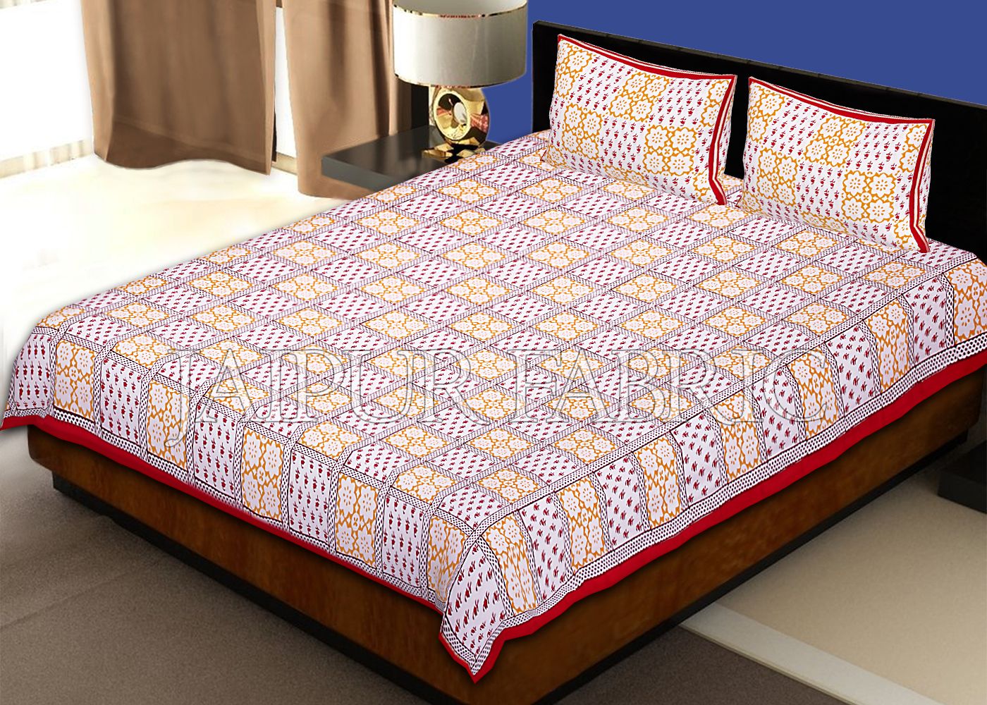 Red Border Square Pattern Block Print Cotton Double Bed Sheet