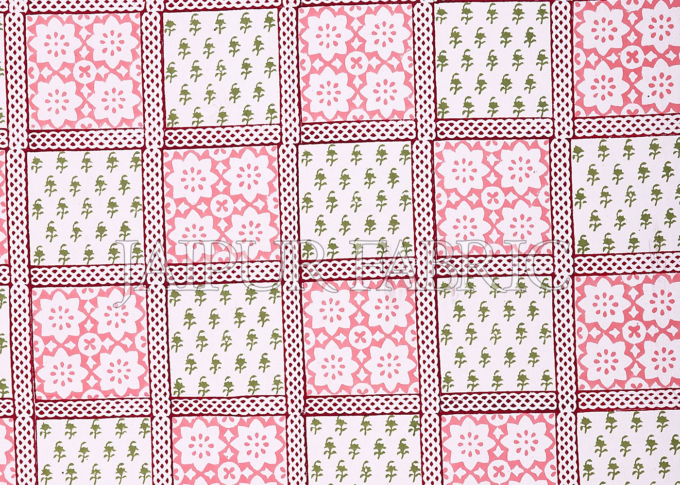 Pink Border Square Pattern Block Print Cotton Double Bed Sheet