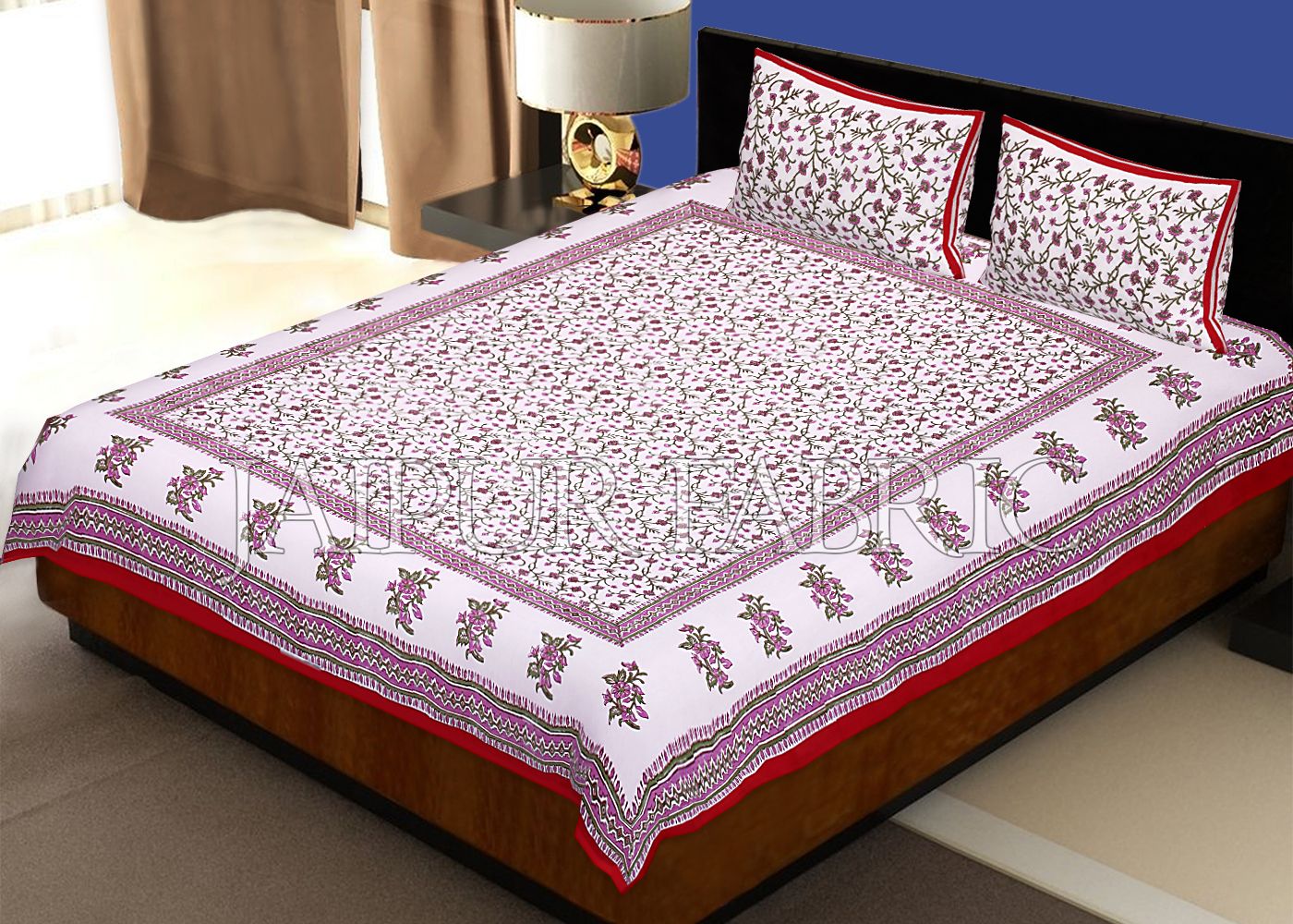 Red Border White Base Leaf Pattern Block Print Cotton Double Bed Sheet