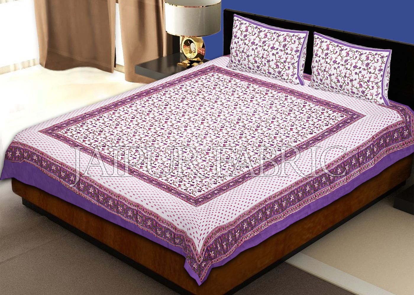 Purple Border White Base Flower Pattern Block Print Cotton Double Bed Sheet