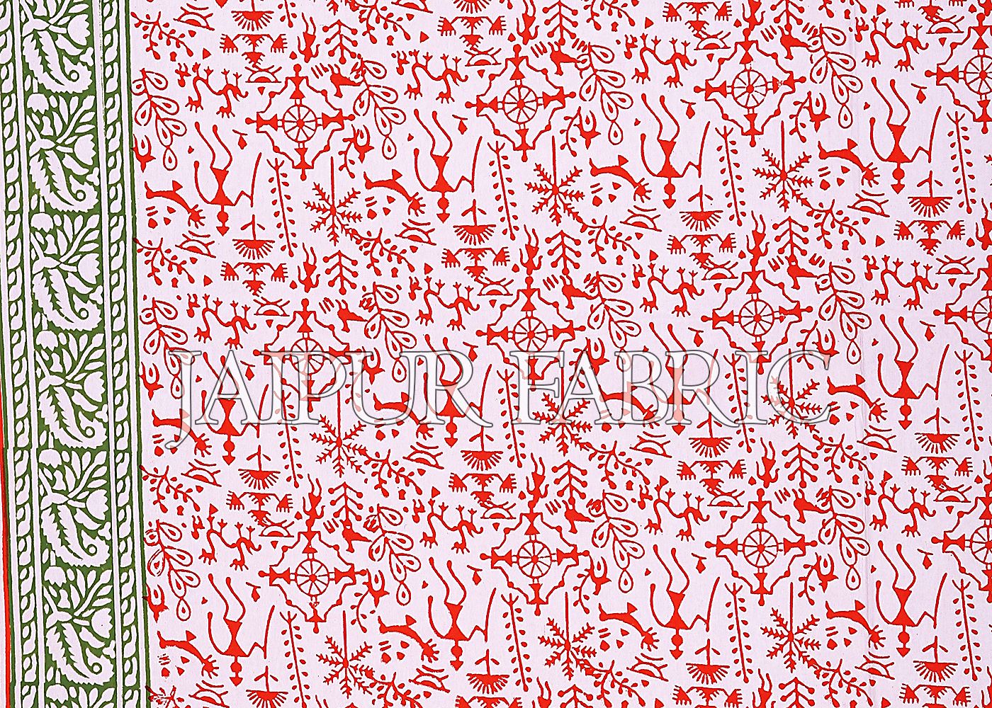 Red Border White Base Tropical Pattern Block Print Cotton Double Bed Sheet