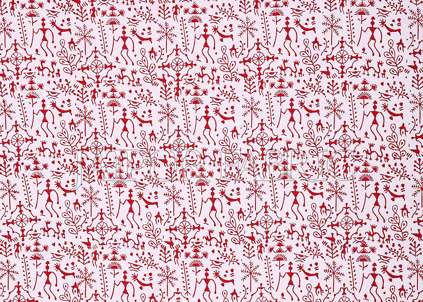Red Border White Base Red Tropical Pattern Block Print Cotton Double Bed Sheet