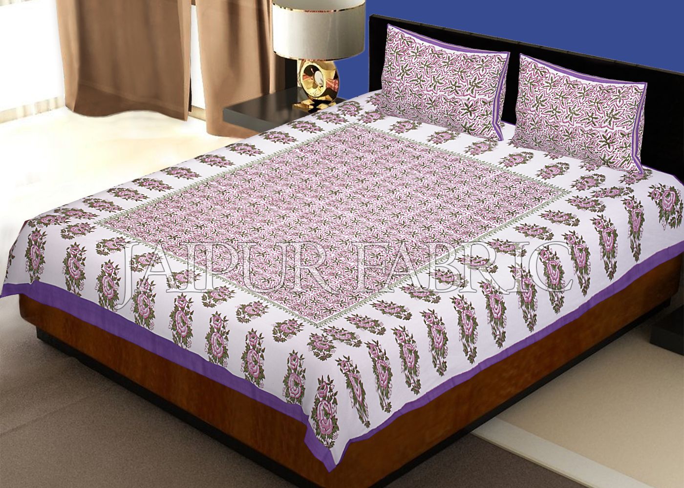 Purple Border White Base Leaf Pattern Block Print Cotton Double Bed Sheet