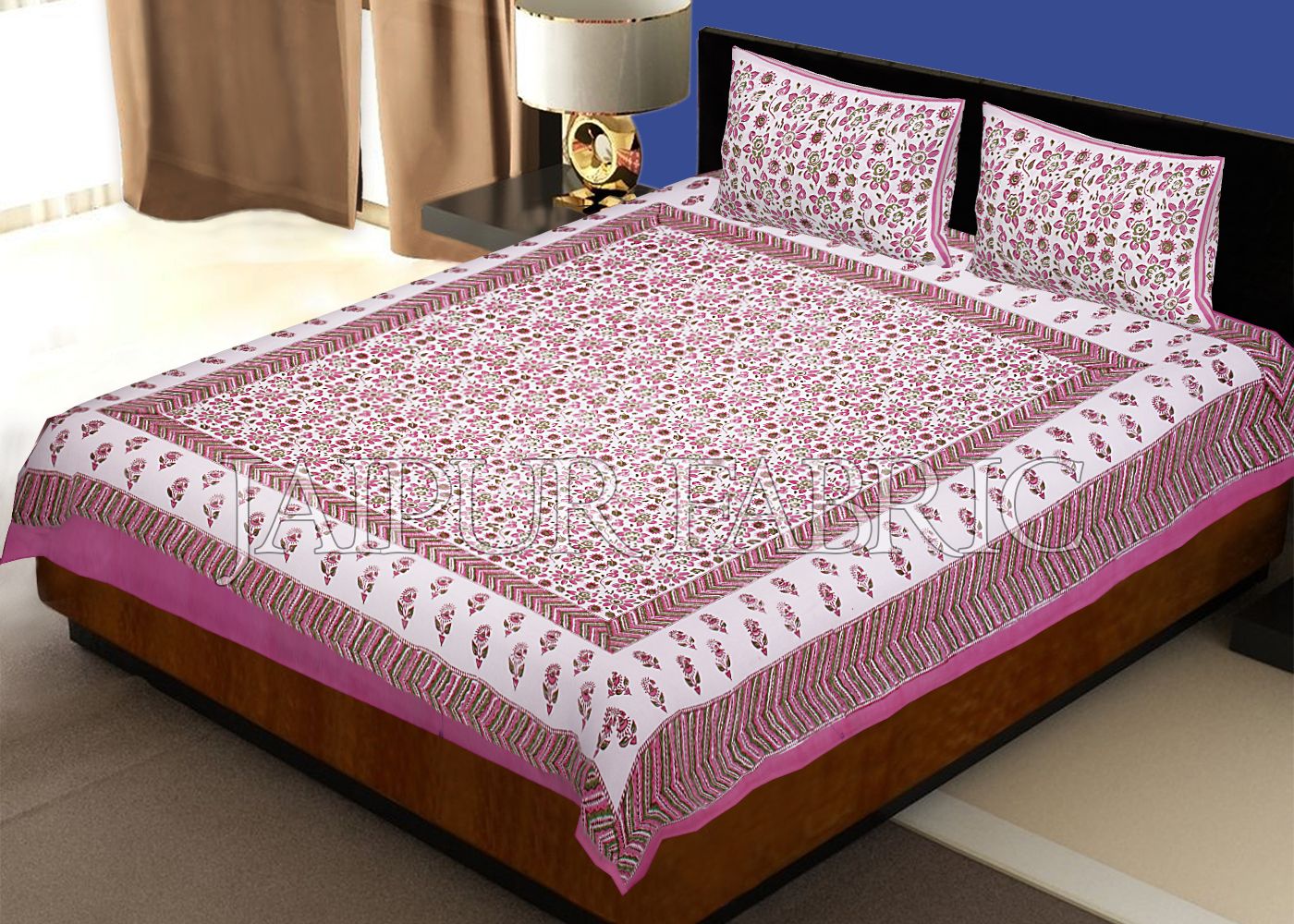 Pink Border White Base Leaf Pattern Block Print Cotton Double Bed Sheet