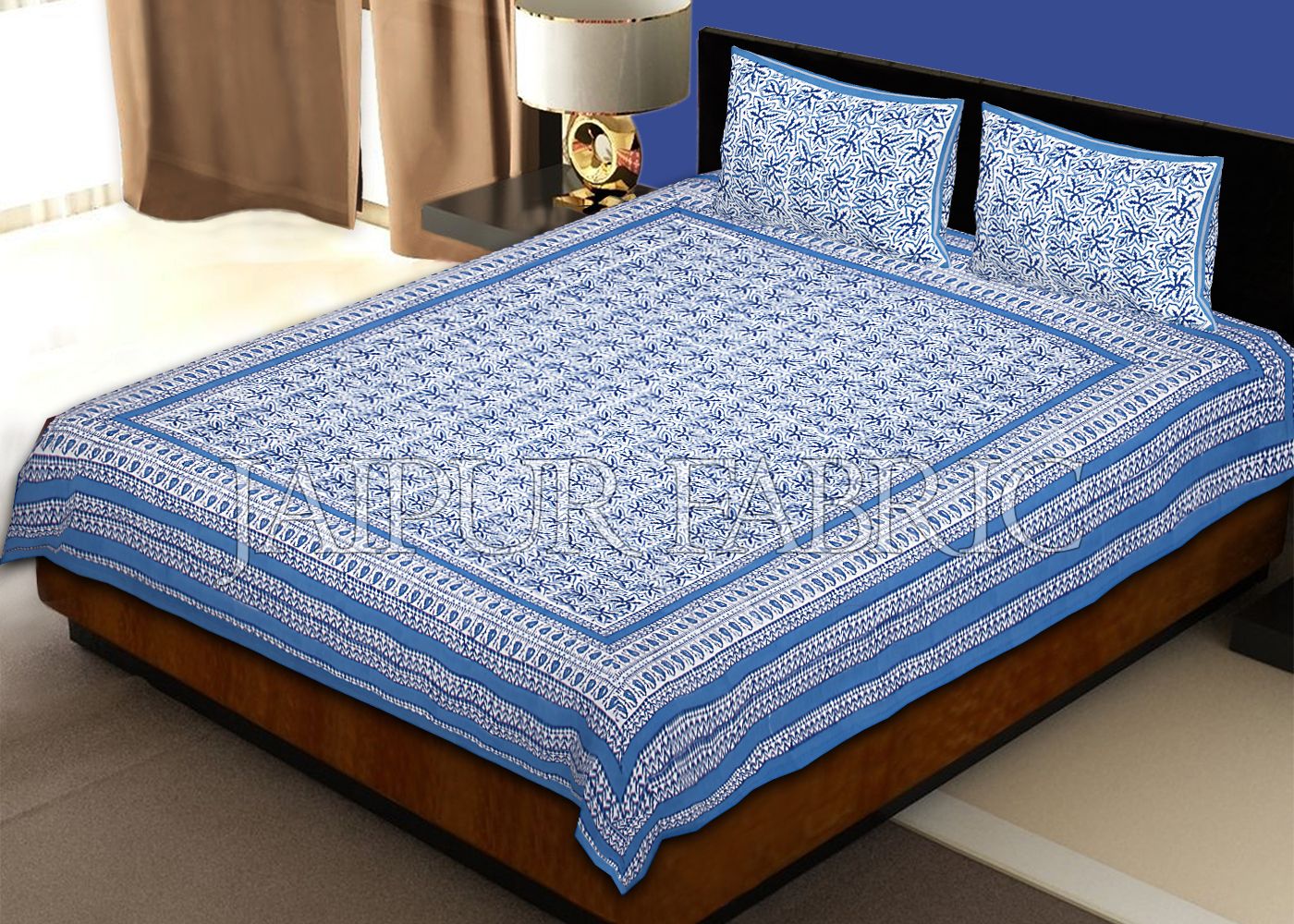 Blue Border White Base Leaf Pattern Block Print Cotton Double Bed Sheet