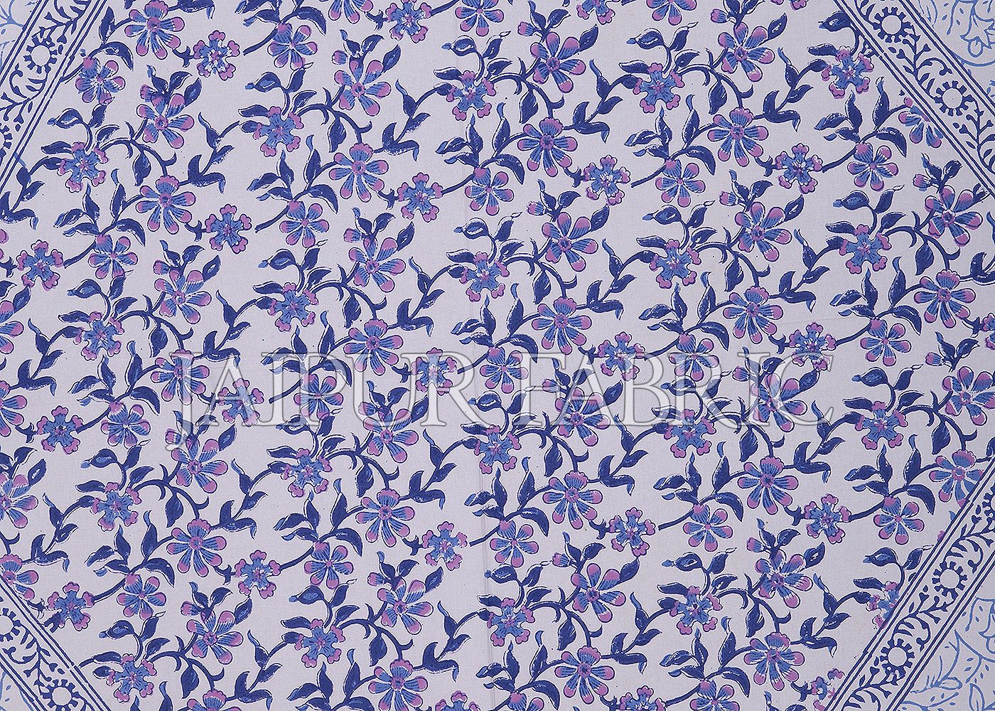 Blue Border Flower Pattern Block Print Cotton Double Bed Sheet