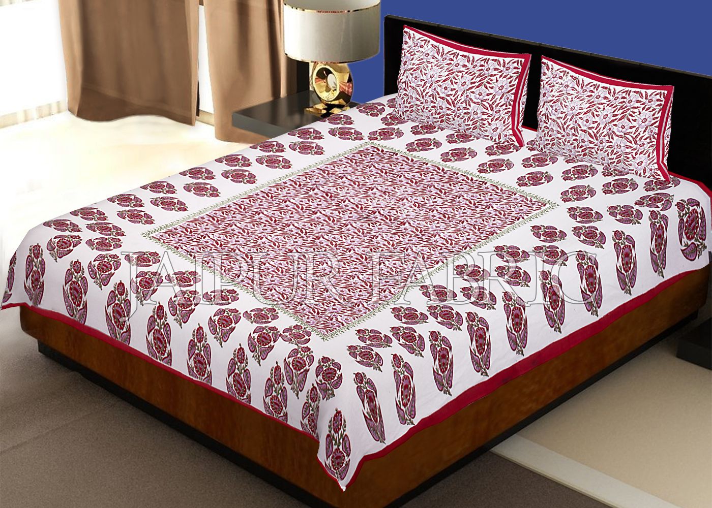 Red Border White Base Floral Pattern Block Print Cotton Double Bed Sheet