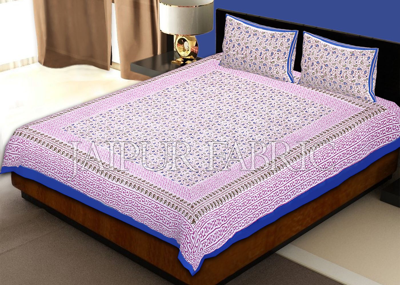 Blue Border Tropical Pattern Block Print Cotton Double Bed Sheet