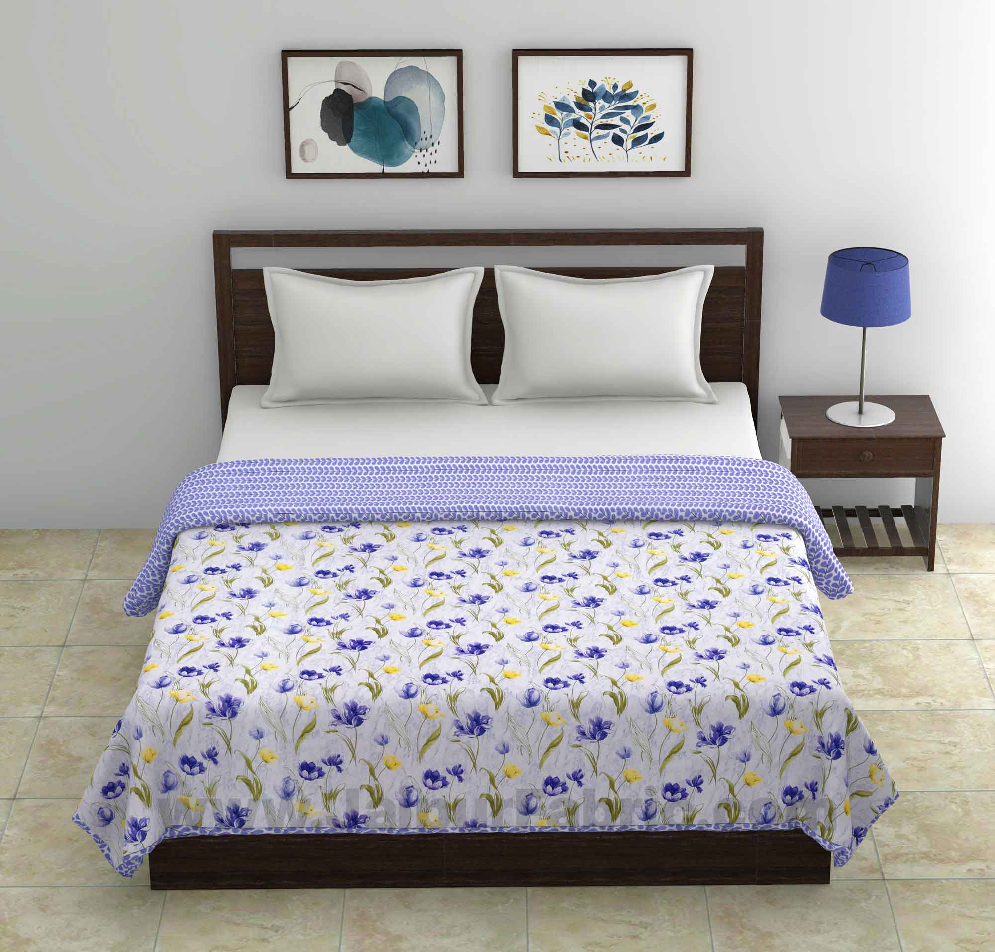 Lightweight Reversible Double Bed Dohar Blue Flower Skin Friendly Pure Cotton MulMul Blanket / AC Comforter / Summer Quilt